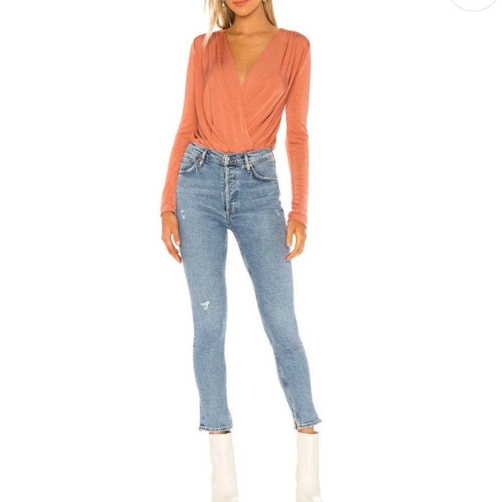 $49 Intimately Free People Long Sleeve Bodysuit Deep V Neck Rust Orange Size M